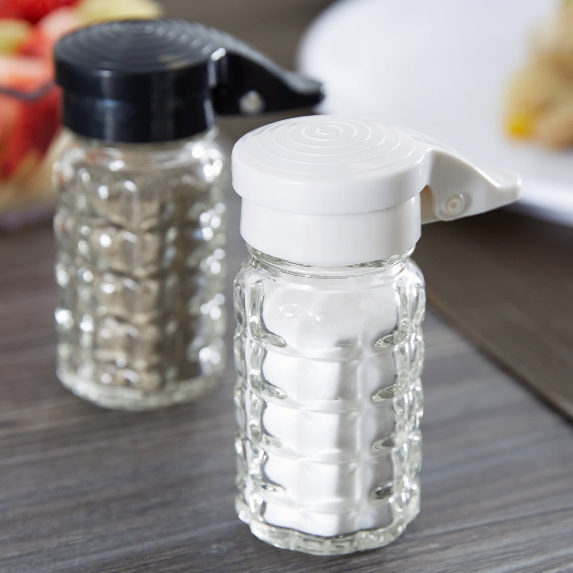 Tablecraft Moisture Proof Salt & Pepper Shakers - 1.5 Oz - Glass W/Black & White Lids Spring Loaded, No Clog, Set Of 2